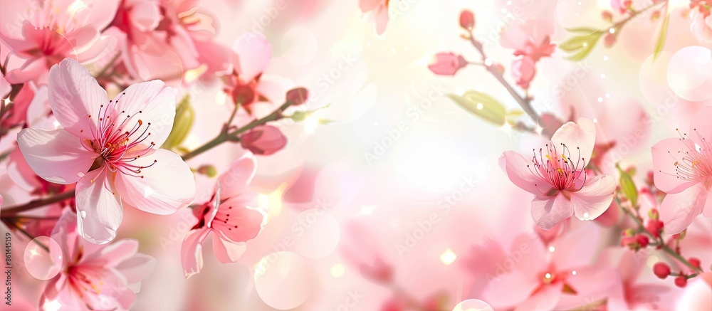 Blooming pink peach flowers on a bright backdrop with copy space image. Blooming pink peach flowers on a bright backdrop with copy space image.
