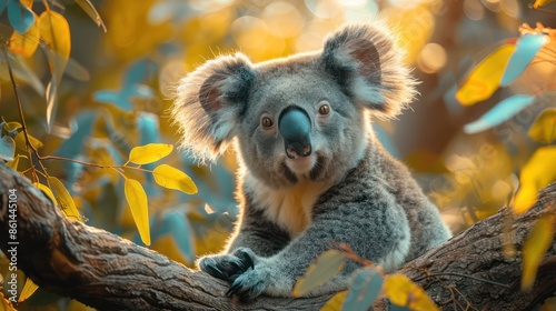 adorable koala bear perched on a tree branch munching on leaves in a green forest with abundant foliage and dappled sunlight