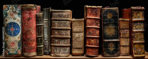 A collection of Coptic biblical manuscripts, with colorful bindings and geometric designs, showcased in a historical societys archive