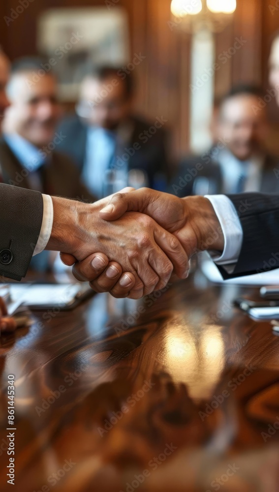 A diverse team of business people shaking hands in a boardroom, celebrating the conclusion of a productive meeting A diverse team of business people shaking hands in a boardroom, celebrating the conclusion of a productive meeting