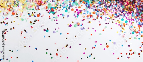 Confetti in various colors falling against a white backdrop symbolizes a festive atmosphere for a copy space image.