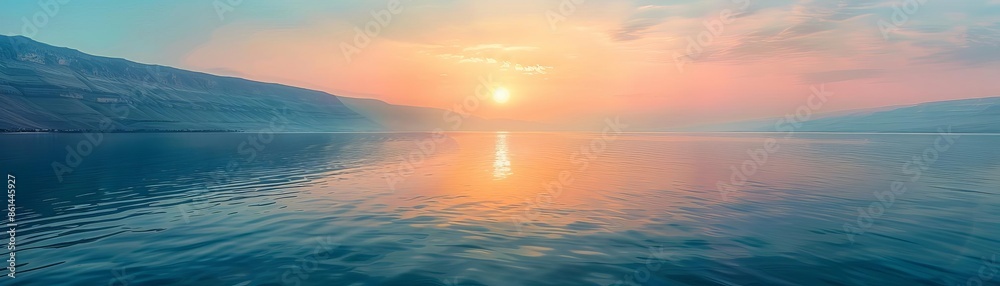 A sweeping panorama of the Sea of Galilee at dawn, the sun casting golden hues over the tranquil waters where Jesus once walked A sweeping panorama of the Sea of Galilee at dawn, the sun casting golden hues over the tranquil waters where Jesus once walked