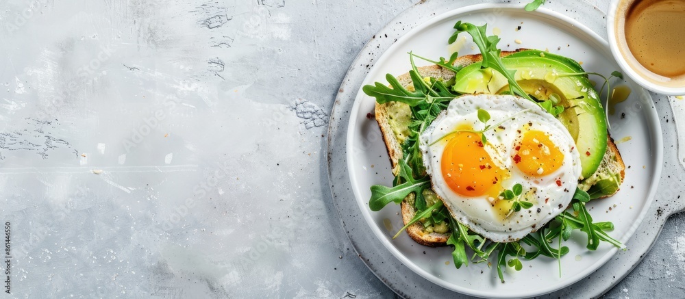 An appetizing vegan breakfast featuring baked avocado with egg and arugula salad on toast displayed on a white marble plate atop a light concrete table, accompanied by coffee. Copy space image. An appetizing vegan breakfast featuring baked avocado with egg and arugula salad on toast displayed on a white marble plate atop a light concrete table, accompanied by coffee. Copy space image.