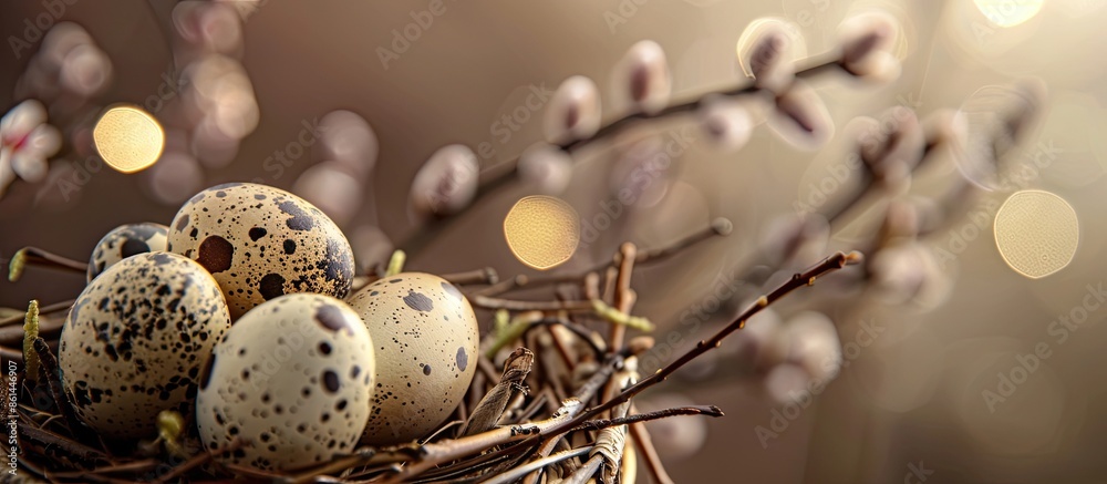 Fototapeta premium Close-up Easter background featuring quail eggs and willow branches in a composition with copy space image.
