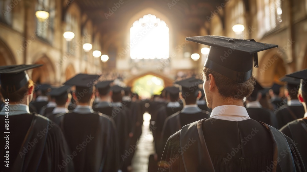 Graduation ceremony with students in caps and gowns Graduation ceremony with students in caps and gowns