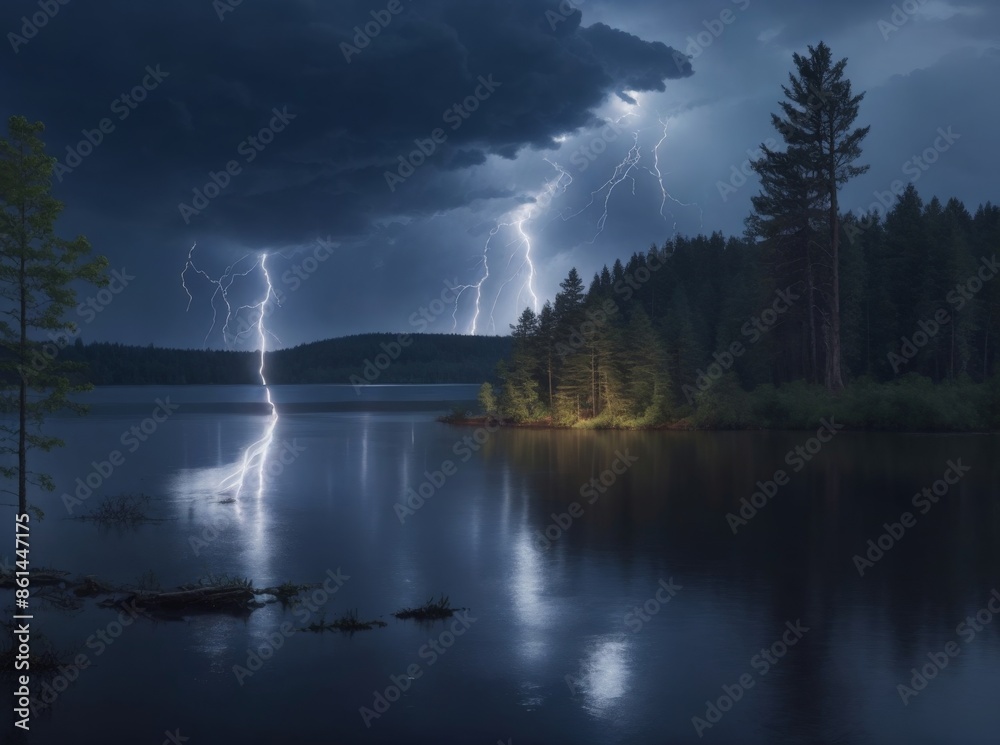 Fototapeta premium Lightning Storm Over Forest Lake