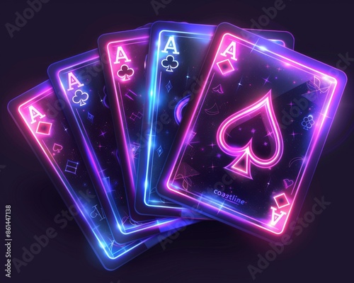 Glowing neon playing cards with ace symbols in a futuristic design