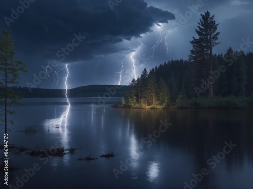 Lightning Storm Over Forest Lake