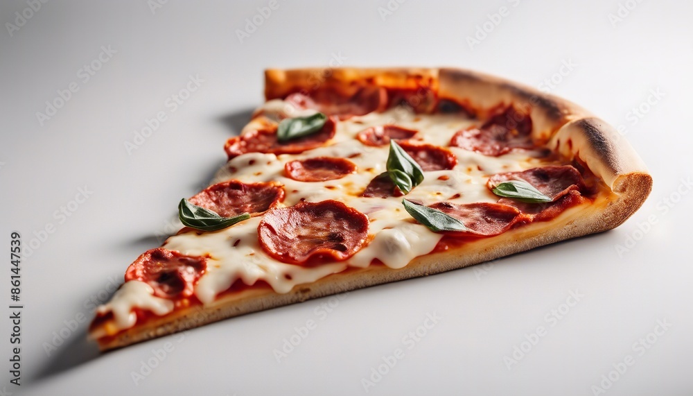 A slice of pepperoni pizza with melted cheese, showcased against a plain white background. The crust appears, Slice of fresh Italian classic original Pepperoni Pizza isolated on white background.