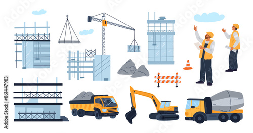 Building site elements. Houses under construction. Builders in helmets and uniforms. Different machinery. Lifting crane or concrete mixer truck. Housing development. Garish vector set