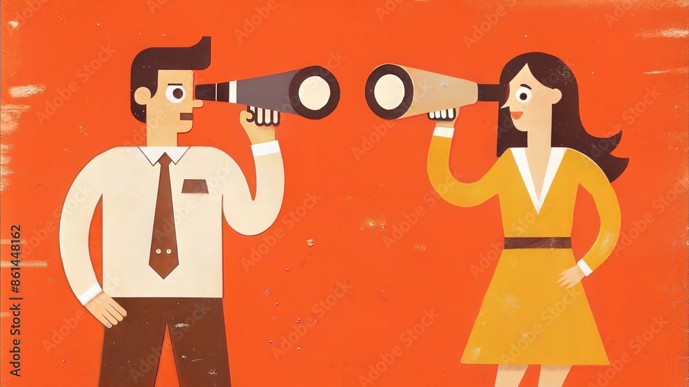 businessman and woman with binoculars and loudspeaker. business concept. vector illustration