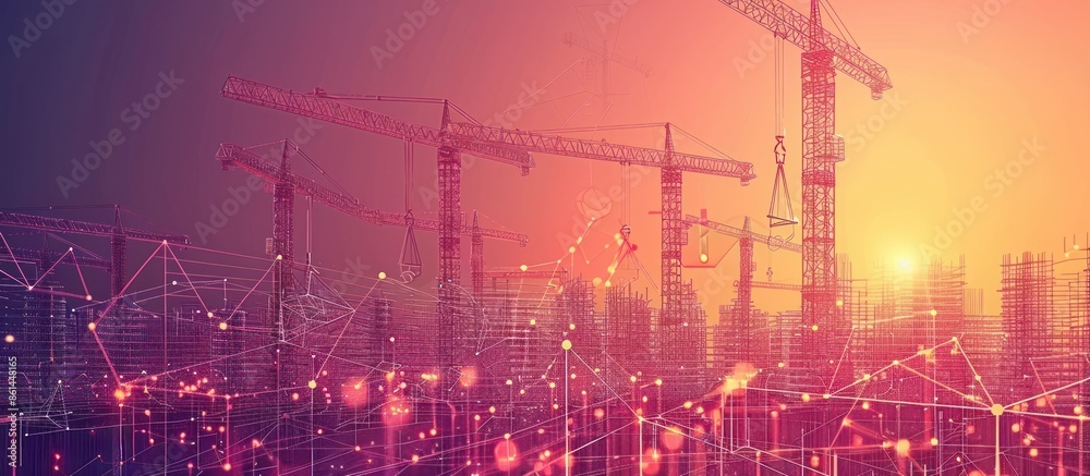 Construction Cranes Silhouette Against Sunset with Connected City Skyline Construction Cranes Silhouette Against Sunset with Connected City Skyline