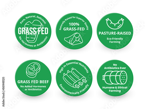 Grass fed beef green circle badge with line elements design template set realistic vector