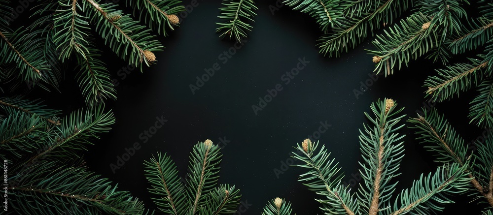 Christmas tree branches in green and golden hues positioned at the corners of a black backdrop, providing room for a copy space image Christmas tree branches in green and golden hues positioned at the corners of a black backdrop, providing room for a copy space image