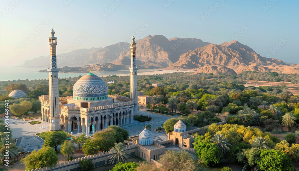 Obraz premium A beautiful mosque with a large dome and tall minarets nestled among lush greenery, set against a backdrop of rugged mountains, creating a serene and picturesque landscape