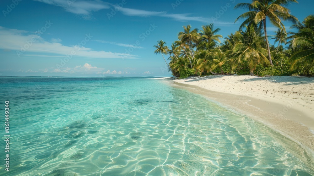 A breathtaking view of a tropical beach with white sand, palm trees, and crystal clear water. Generative AI A breathtaking view of a tropical beach with white sand, palm trees, and crystal clear water. Generative AI