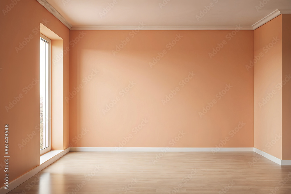 Room wall in peach color Pantone 13-1023 Peach Fuzz. Filled with soft light. Room wall in peach color Pantone 13-1023 Peach Fuzz. Filled with soft light.