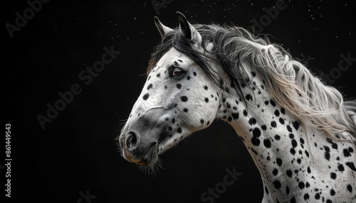 A thoroughbred horse of white color with spots. Riding a strong mustang.