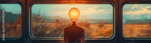 Person with Lightbulb Head Contemplating Passing Landscape from Train Window Copy Space photo