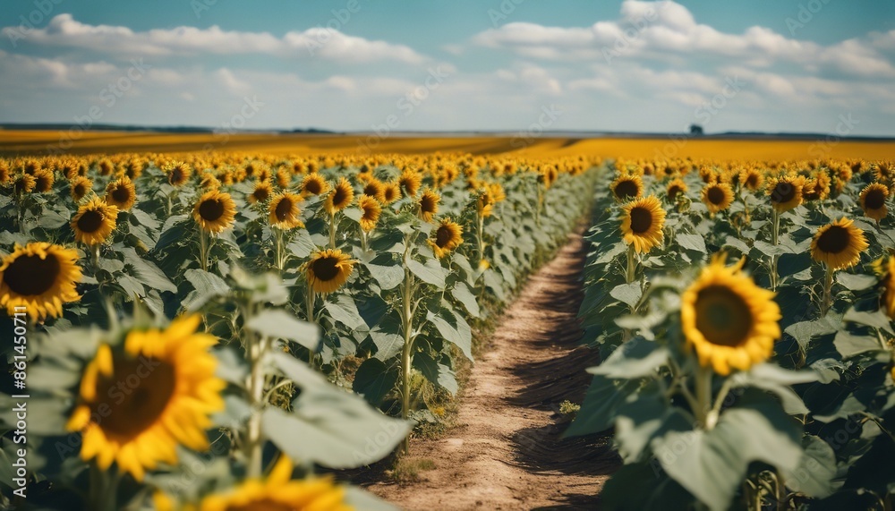 Obraz premium Agricultural field with yellow sunflowers against the sky with clouds. Sunflower field. Gold sunset. Sunflower closeup. Agrarian industry. Photo of cultivation land.