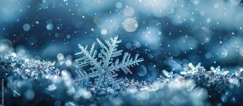 Snowflakes in white and blue hues look aesthetically pleasing against a dark background, creating a mesmerizing copy space image. Snowflakes in white and blue hues look aesthetically pleasing against a dark background, creating a mesmerizing copy space image.