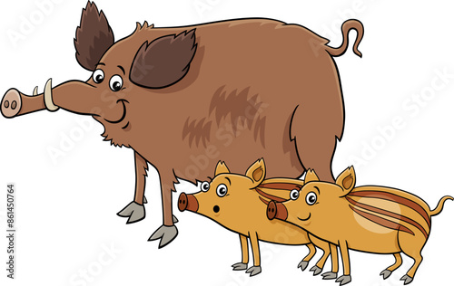 cartoon wild boar animal character with piglets