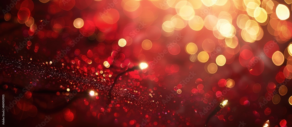 Abstract golden bokeh creating a festive backdrop with glittering Christmas lights on a defocused red background with copy space image. Abstract golden bokeh creating a festive backdrop with glittering Christmas lights on a defocused red background with copy space image.