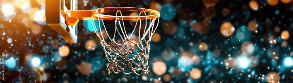Basketball hoop with bokeh lights in the background, representing sports and celebration, perfect for dynamic and festive themes. Basketball hoop with bokeh lights in the background, representing sports and celebration, perfect for dynamic and festive themes.