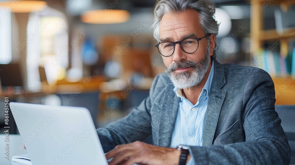 A mature professional with gray hair, working intently on a laptop within a stylishly designed, modern library filled with warm lighting and numerous books. A mature professional with gray hair, working intently on a laptop within a stylishly designed, modern library filled with warm lighting and numerous books.