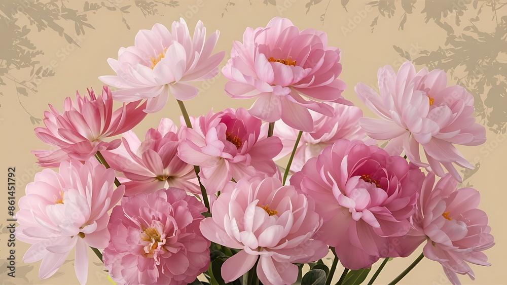 Gently pink eustomas on the beige background natural background with a bouquet of flowers