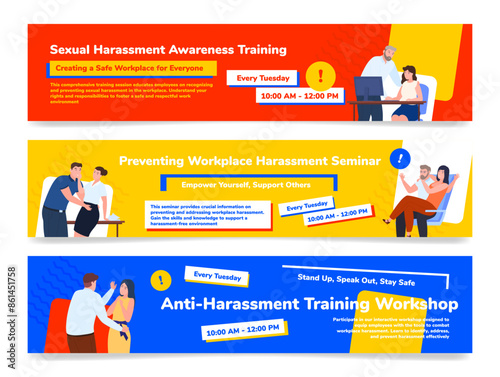 Sexual harassment prevention seminar training workshop banner design template set vector flat