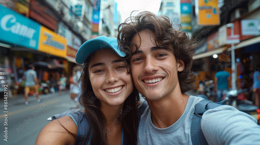 A happy young Caucasian couple casually smiles for a photo, looking at the camera against a city background, with rim light highlighting their hair. A happy young Caucasian couple casually smiles for a photo, looking at the camera against a city background, with rim light highlighting their hair.