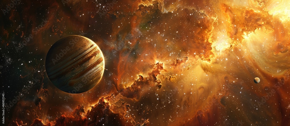 A depiction of a large gas giant planet resembling Jupiter is shown in ...
