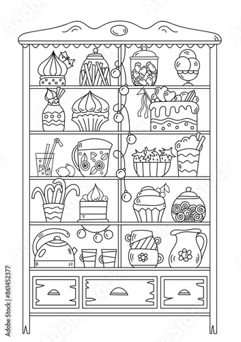 Coloring Page Features A Sideboard Filled With Various Sweets, Providing Stress Relief For Both Adults And Children