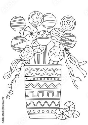 Coloring Page Features A Cup Filled With Numerous Lollipops On Sticks For Both Adults And Children