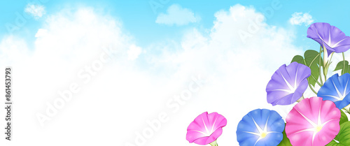  朝顔　入道雲　水彩画　素材　和　和風　枠　晴れ　涼しい　おしゃれ　シンプル　風物詩　キャンペーン　レジャー　暑中見舞い　お中元　バナー　横長