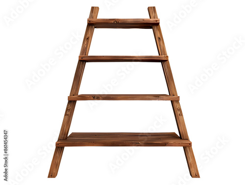 A rustic wooden ladder shelf with three shelves, isolated on a black background.