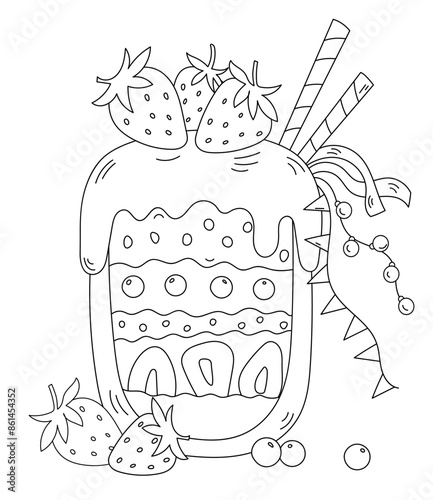 Coloring Page - Strawberry Dessert In A Glass Decorated As A Stress Reliever For Adults And Children