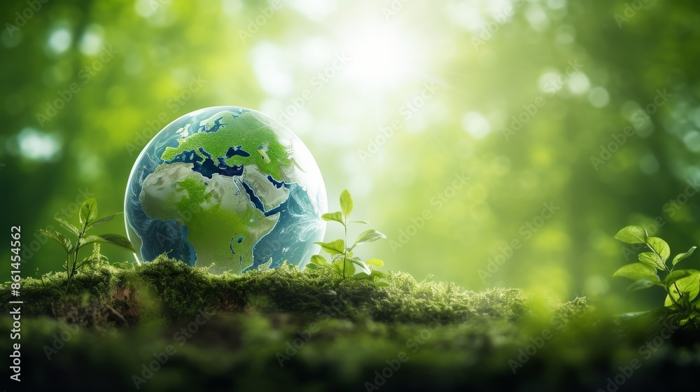 Eco-Friendly Concept: Green Earth Globe in Forest Representing Environmental Conservation. Concept of nature, harmony, balance. Eco-Friendly Concept: Green Earth Globe in Forest Representing Environmental Conservation. Concept of nature, harmony, balance.