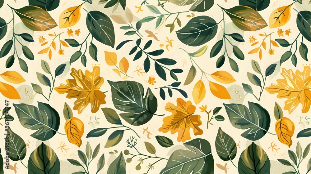 seamless pattern of green and yellow color leaves and flowers on beige color background 