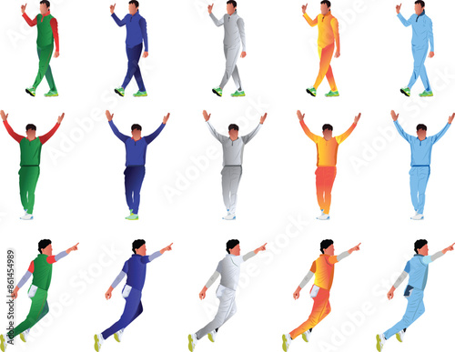 a set of cricket players in different poses