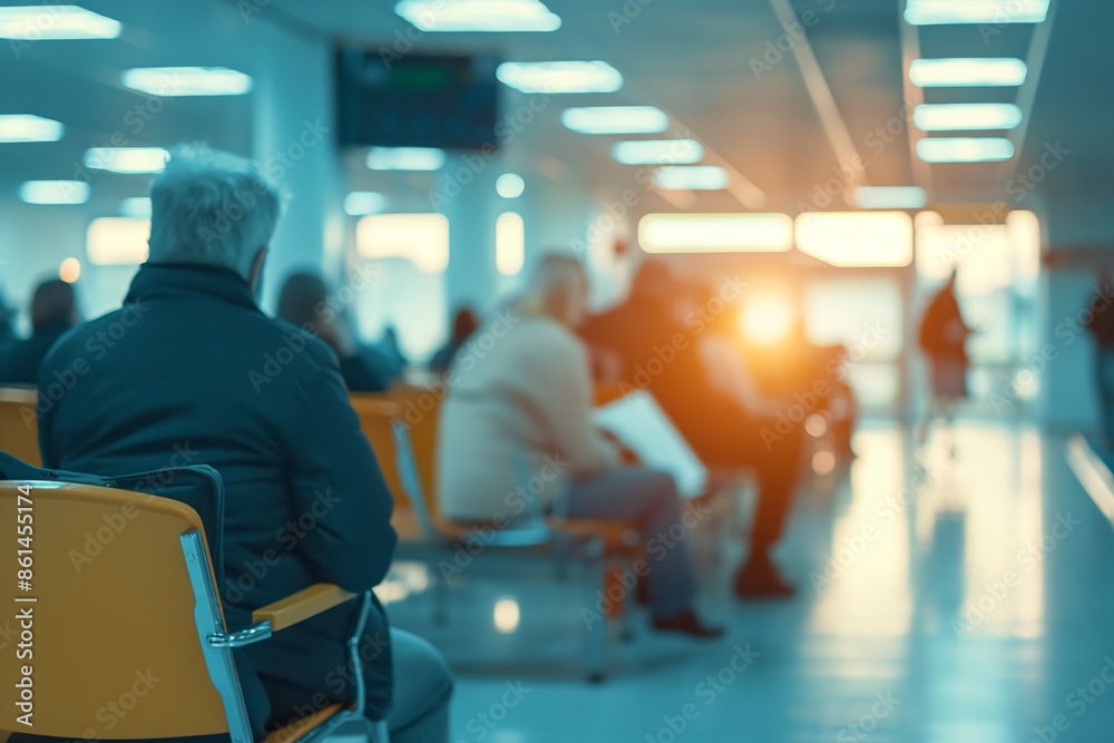 Senior people waiting in a modern hospital corridor with sunlight filtering through the windows, depicting healthcare and patience. Senior people waiting in a modern hospital corridor with sunlight filtering through the windows, depicting healthcare and patience.