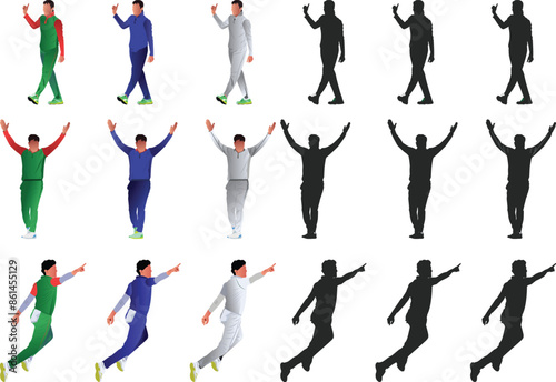 a cricket player in different poses and silhouette