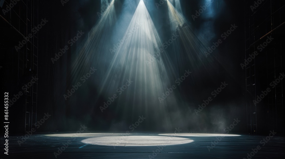Obraz premium An empty stage with a spotlight shining down on it. There is a black curtain in the background.