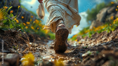 Sandaled Feet of Jesus on a Dusty Path Up Close
