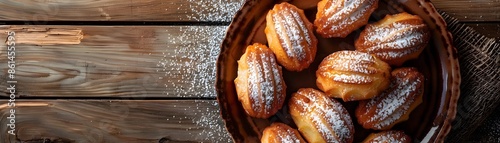 Delicate Madeleine Pastries with Powdered Sugar on Rustic Wooden Table Baked Bread and Sweets Concept