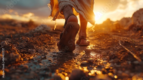 Jesus Walking on a Dusty Path Detailed Feet View
