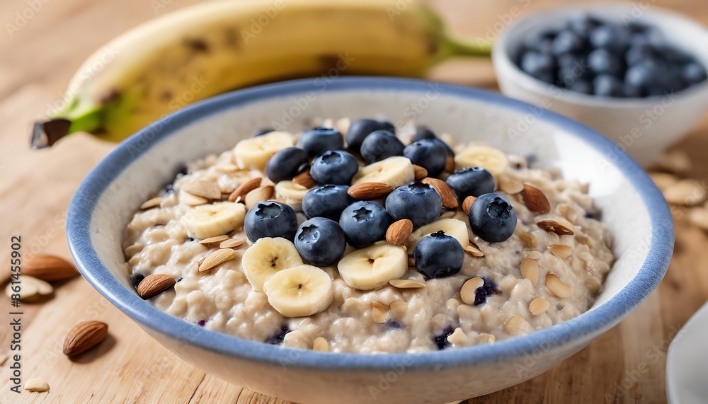Bowl of fresh oatmeal porridge with banana slices, blueberries and almonds on a table, hot and healthy food for Breakfast. Bowl of fresh oatmeal porridge with banana slices, blueberries and almonds on a table, hot and healthy food for Breakfast.