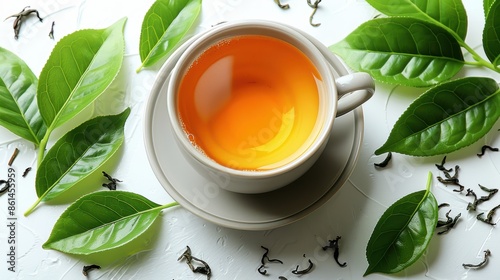 Wallpaper Mural a cup of green tea on a white background. The cup is surrounded by green tea leaves. Torontodigital.ca