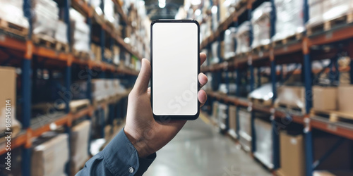 Man holding a phone mockup in his hands against the background of a warehouse photo